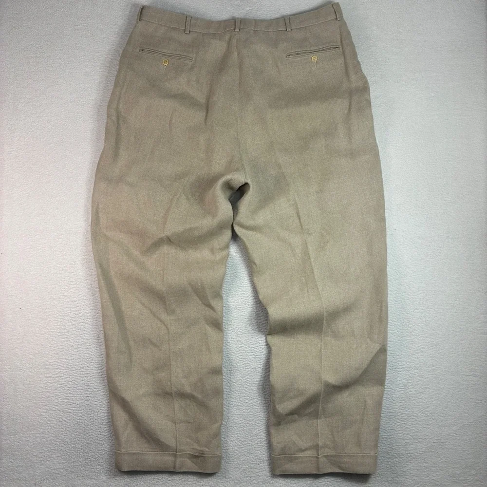 Vintage Polo Ralph Lauren Linen Pant Men 38x32 Beige Pleat Cuffed Dress Trouser